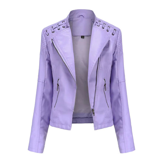 New Spring Autumn Women Faux Leather Jacket Pu Motorcycle Biker Purple Coat Slim Zipper Motorcycles Locomotive Outerwear 4XL